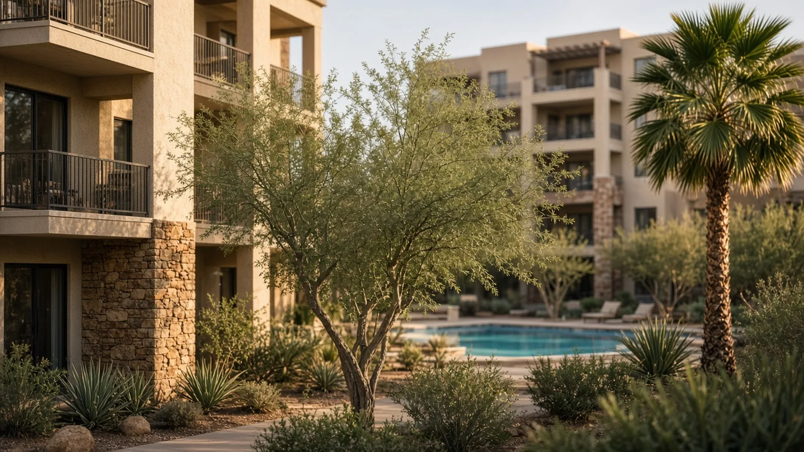 Phoenix condominium courtyard with a shared pool, stone, and desert landscaping