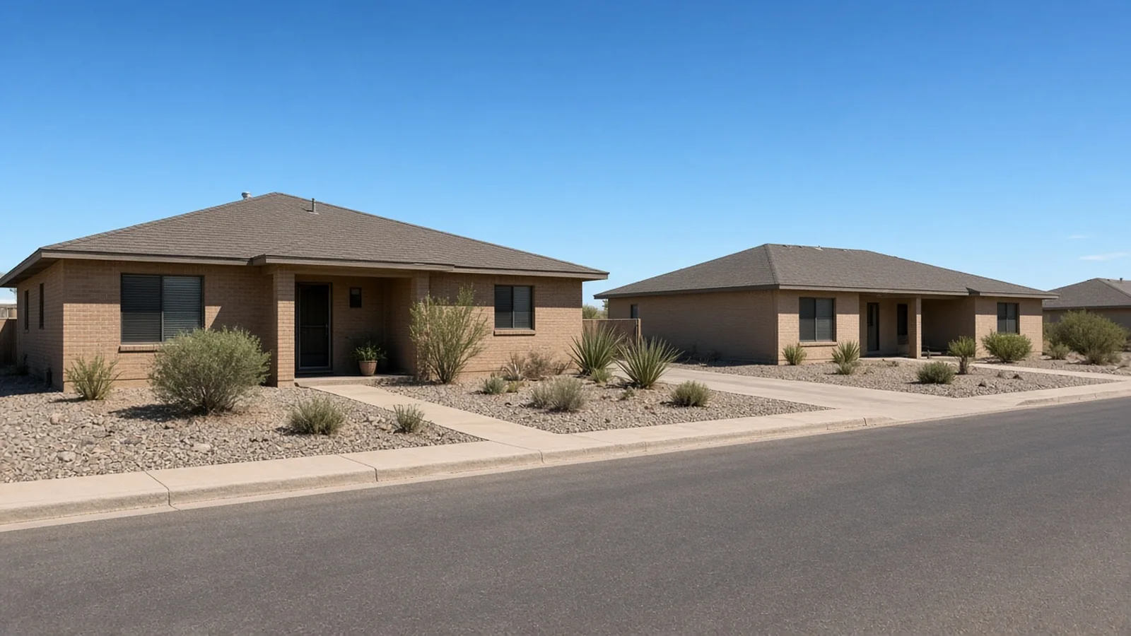 Two neighboring Phoenix ranch houses on a quiet street in daylight