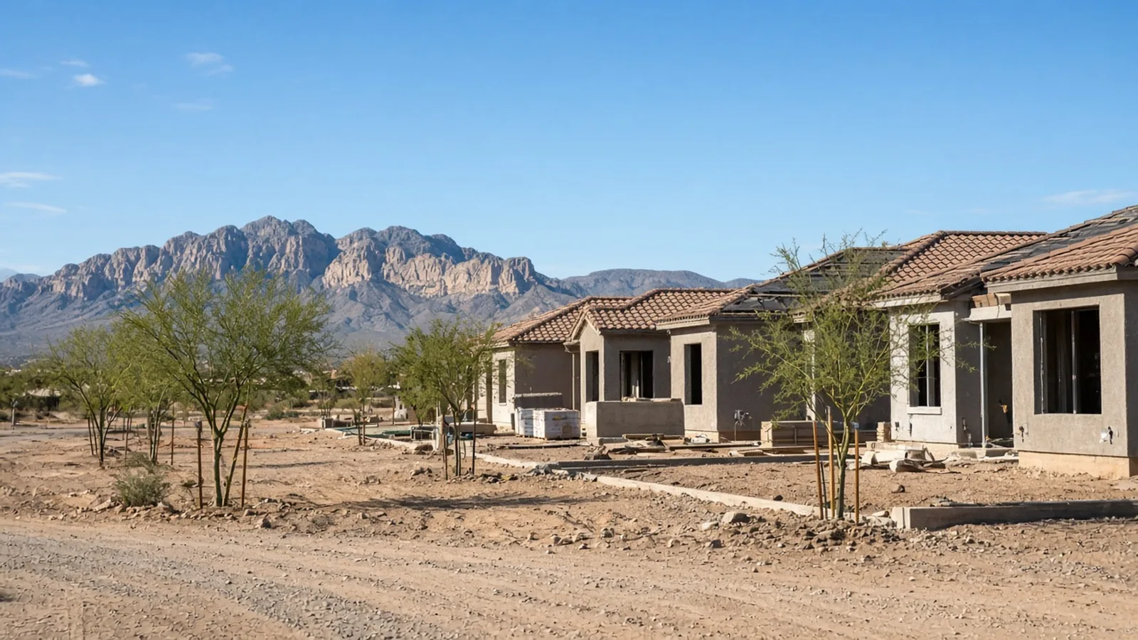Unfinished stucco houses on a desert East Valley lot with mountains behind them