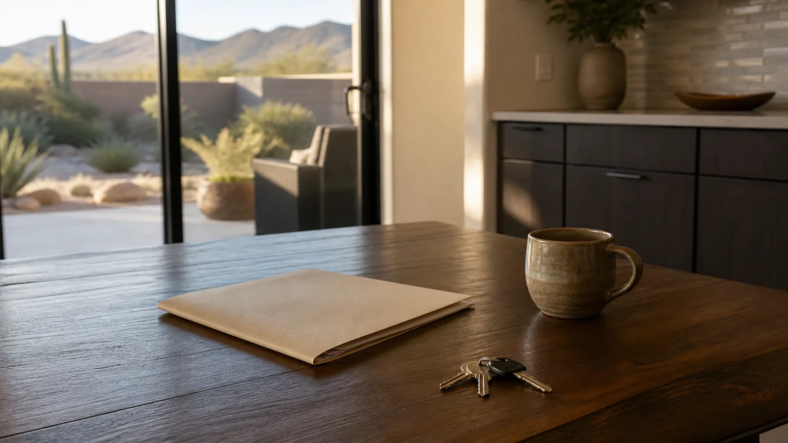 Kitchen table in an Arizona home with house keys and a closed folder