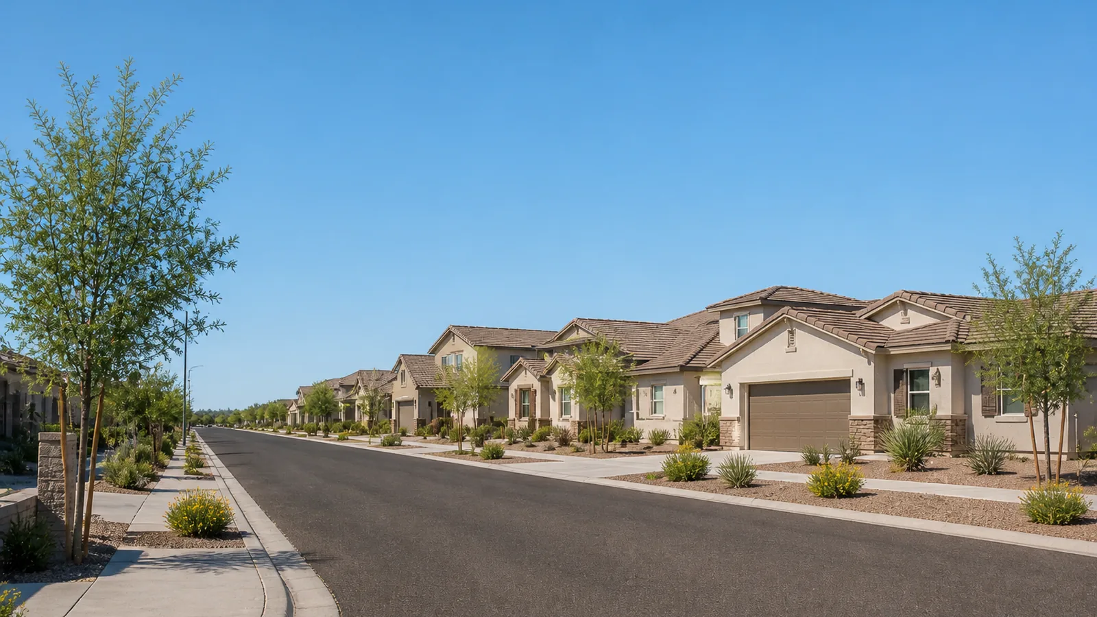 Chandler housing along a wide East Valley arterial with young desert landscaping