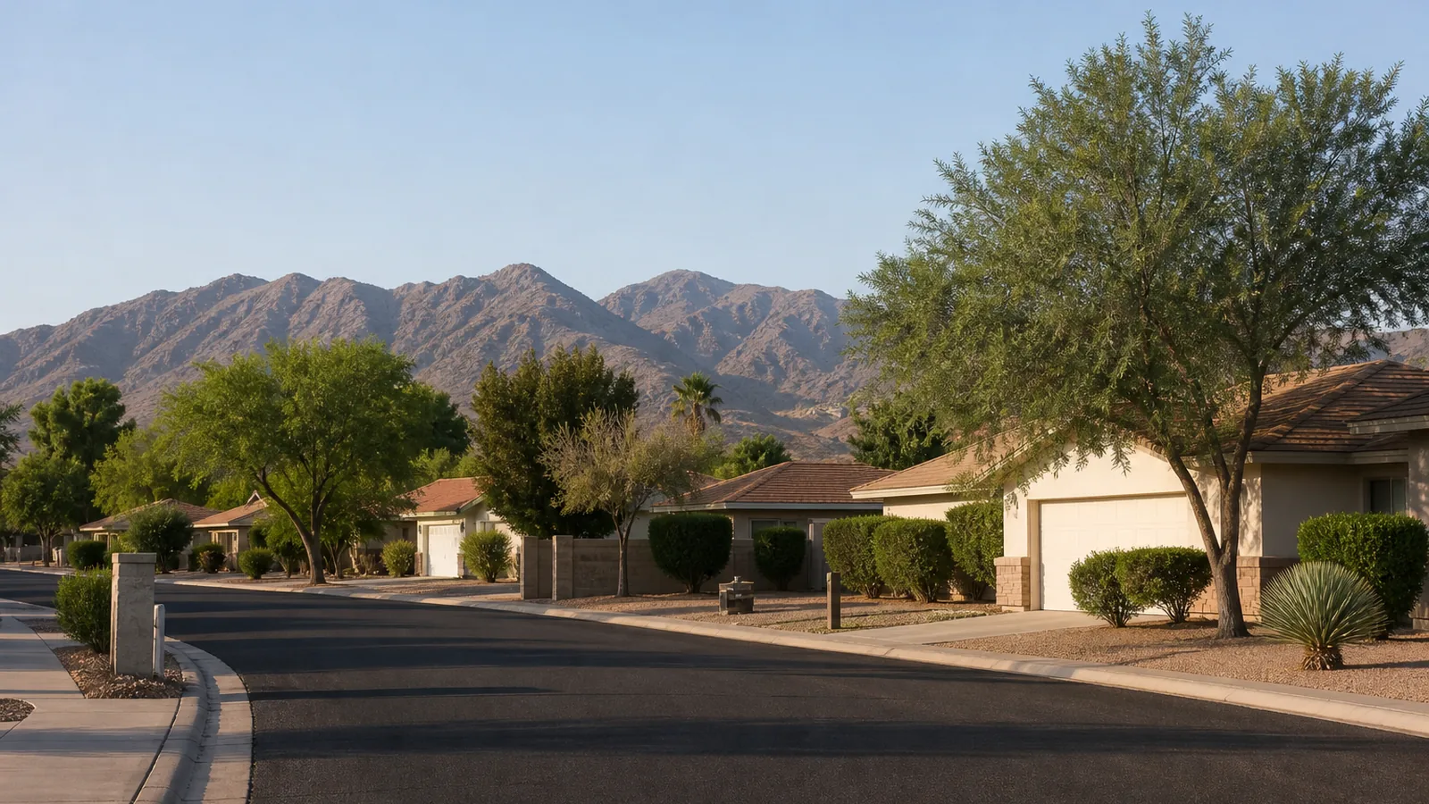 East Valley neighborhood of older single-story homes with mature trees and wide Mesa streets