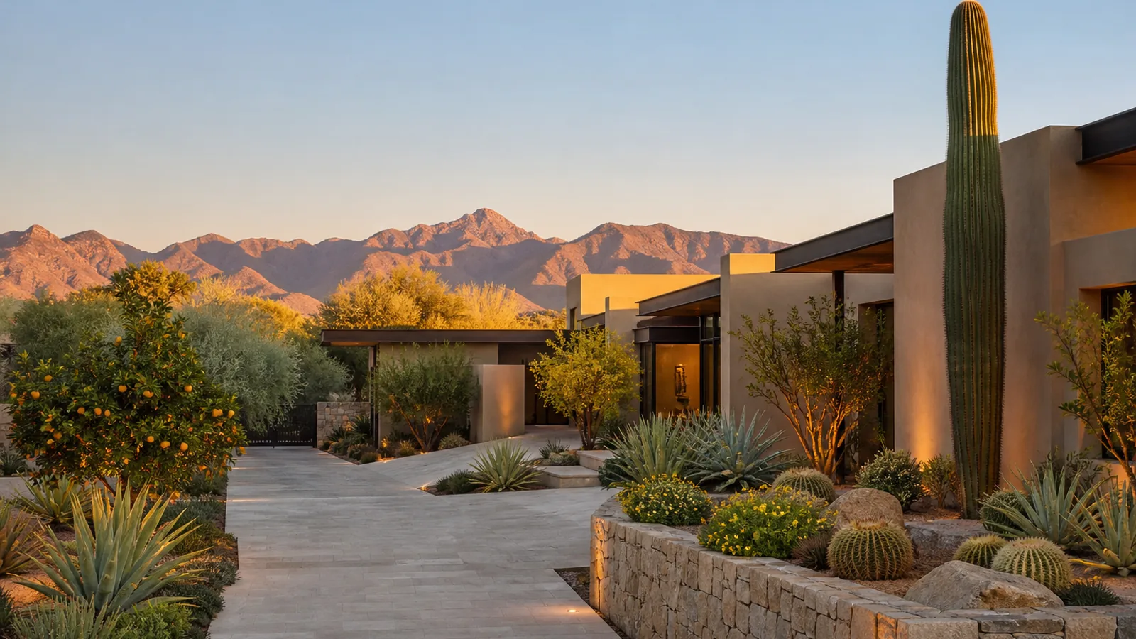 McDowell Mountain foothills above Scottsdale residential rooftops in late light