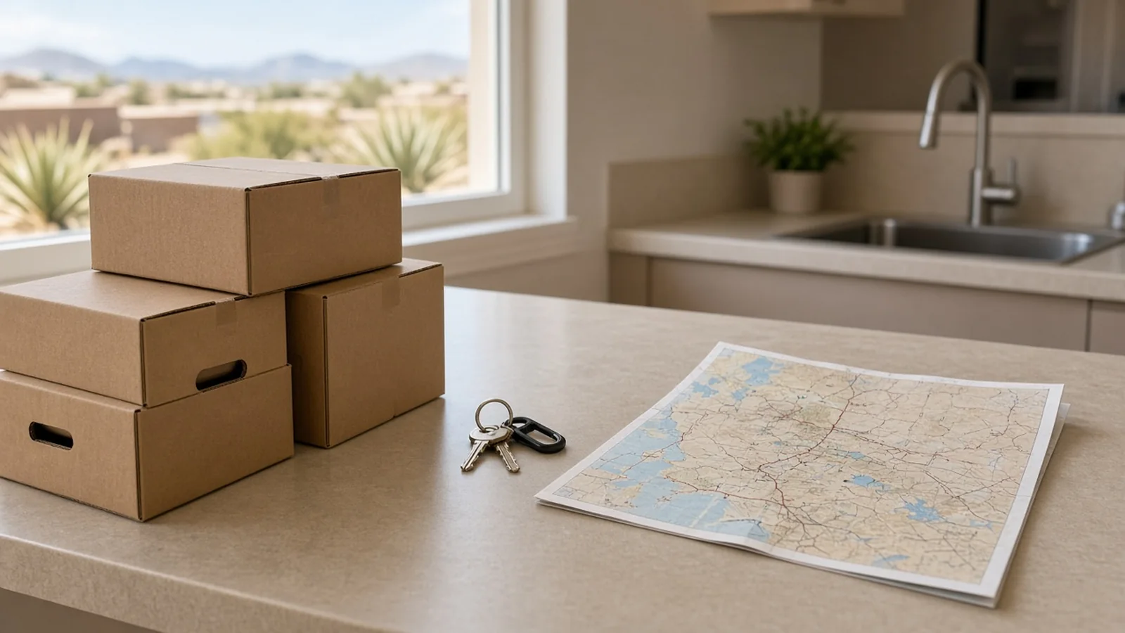 Packed boxes in a driveway for a household relocating to Arizona